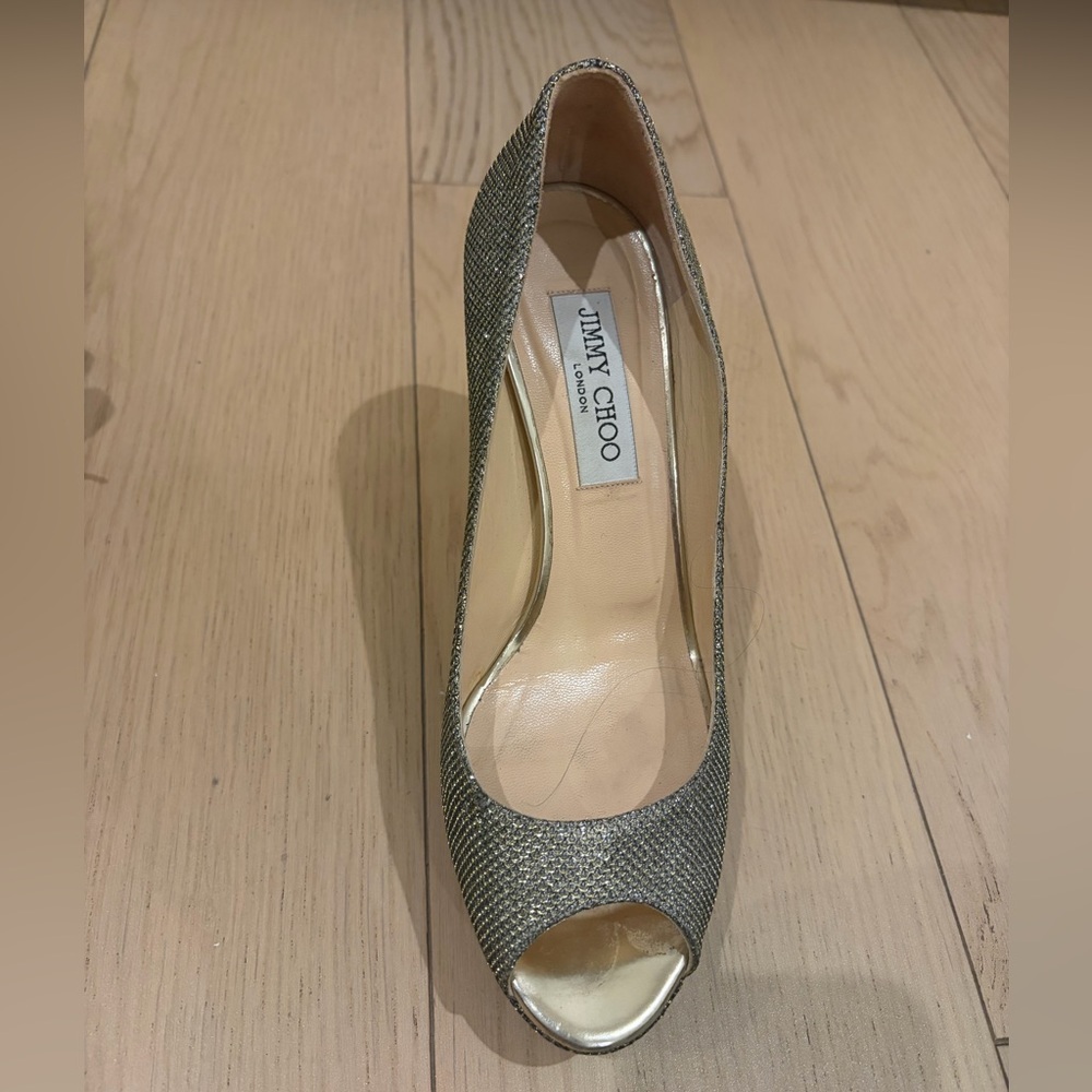 Jimmy Choo Metallic Gold Peep-Toe Pumps | Size 38.5